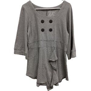 LUR Lagenlook Wearable Art Tunic Top Womens Small Gray Striped Ruffle 3/4 Sleeve